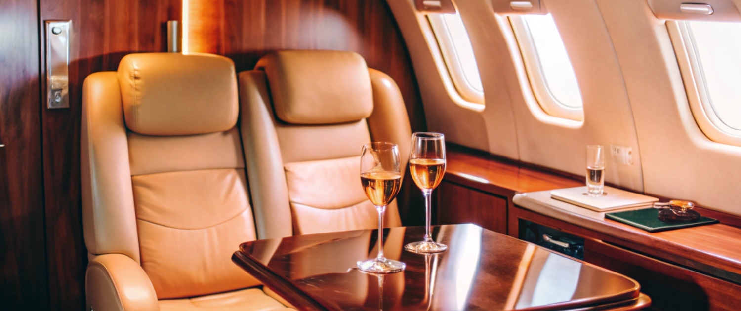 Luxury Private Jet Interior with Wine Glasses