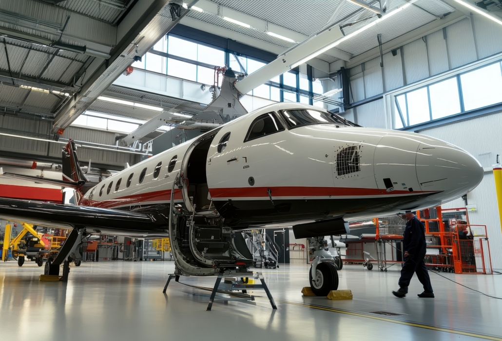 A private jet in a hangar, showcasing maintenance and aviation technology.