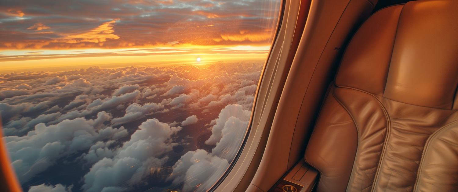 view from private jet window, sunset or sunrise and clouds thro